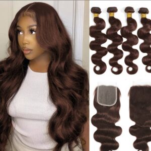 Colored Bundles With Closure Body Wave Human Hair Weave Bundles With HD Lace Closure Ombre Brown Extensions For Women - Ha...
