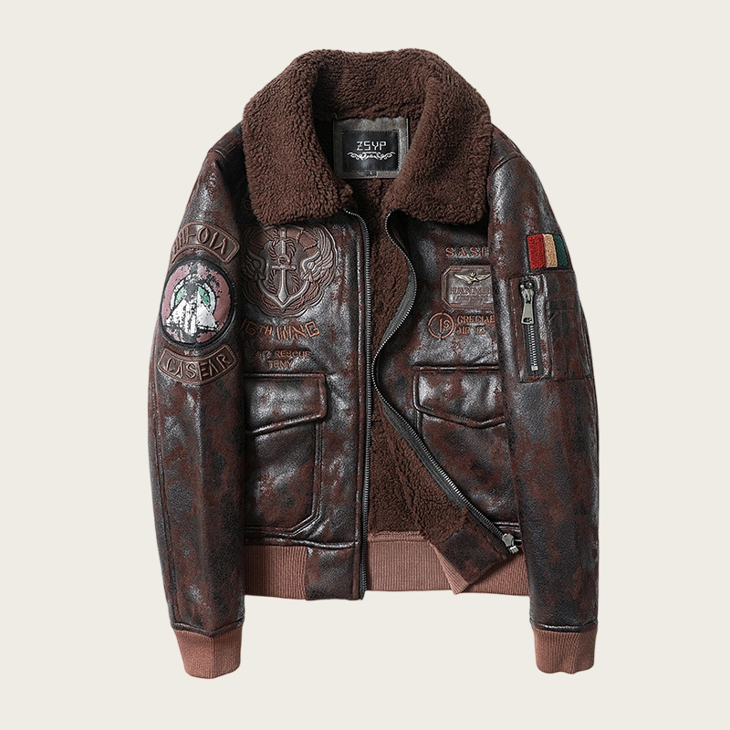 Men's Aviator Style PU Leather Jacket With Embroidered Patches, Fleece-Lined Biker Coat For Winter (Black, Brown, Vintage ...
