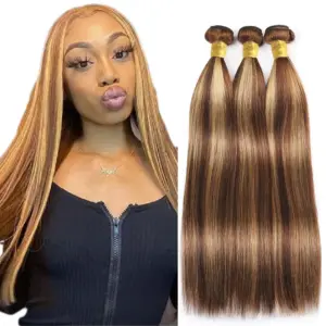 4/27 Highlight Straight Bundles Human Hair 3 Bundles 100% Unprocessed Brazilian Virgin Hair Extension For Women Double Wef...
