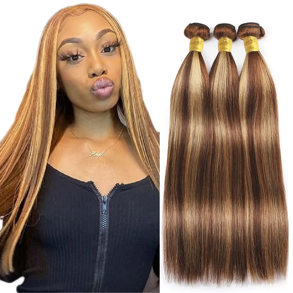 4/27 Highlight Straight Bundles Human Hair 3 Bundles 100% Unprocessed Brazilian Virgin Hair Extension For Women Double Wef...
