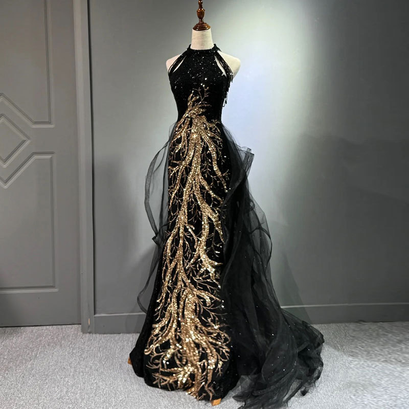 Women's Clothing black evening dress high end slim temperament celebrity host halter neck fishtail skirt wedding toast dre...