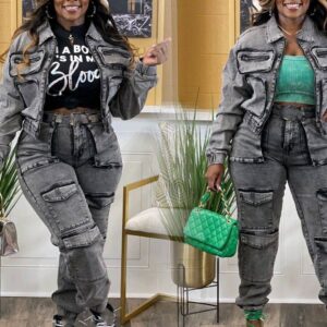 Women's Clothing fashion sexy high elastic multi pocket washed denim casual suit two piece suit - Damenbekleidung