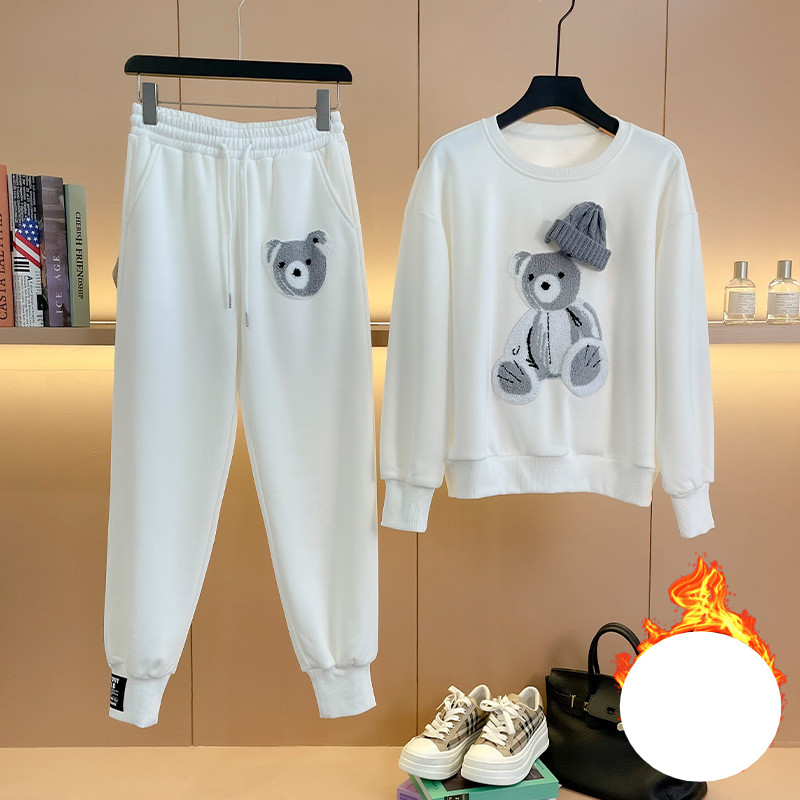 Women's Clothing White bear sweatshirt suit women autumn and winter trendy fashion plus velvet thickened casual sportswear...