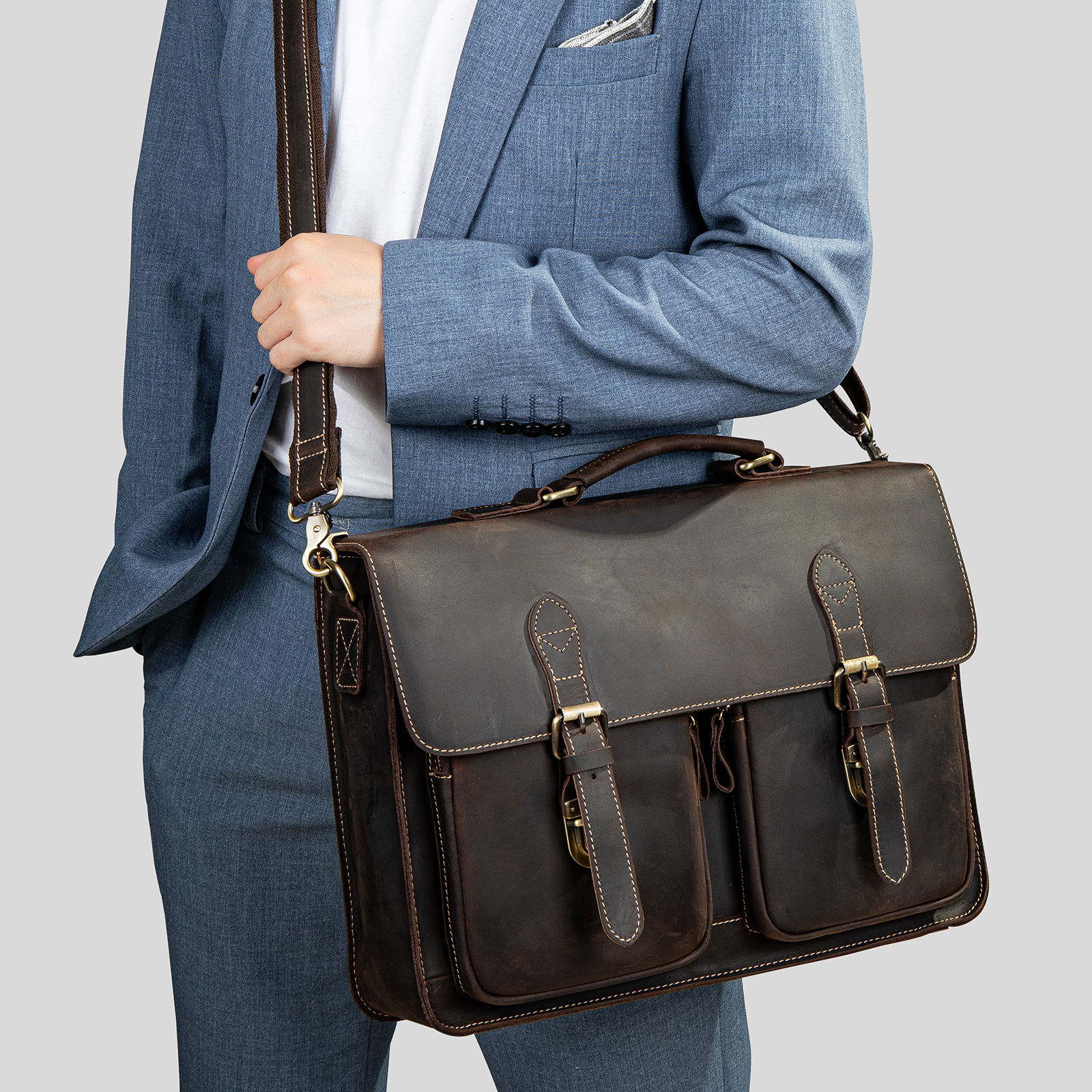 Genuine Leather Men's Bag Vintage Crazy Horse Leather Shoulder Messenger Bag First Layer Cowhide Men's Handbag Briefcase S...
