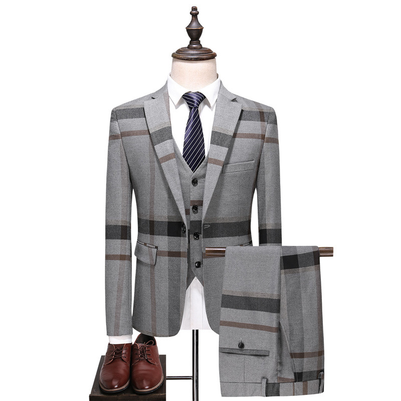 Men's Slim Fit Three-Piece Plaid Dress Suit Casual Groom's Wedding Attire Spring Autumn Winter Men's Clothing Acetate Mate...