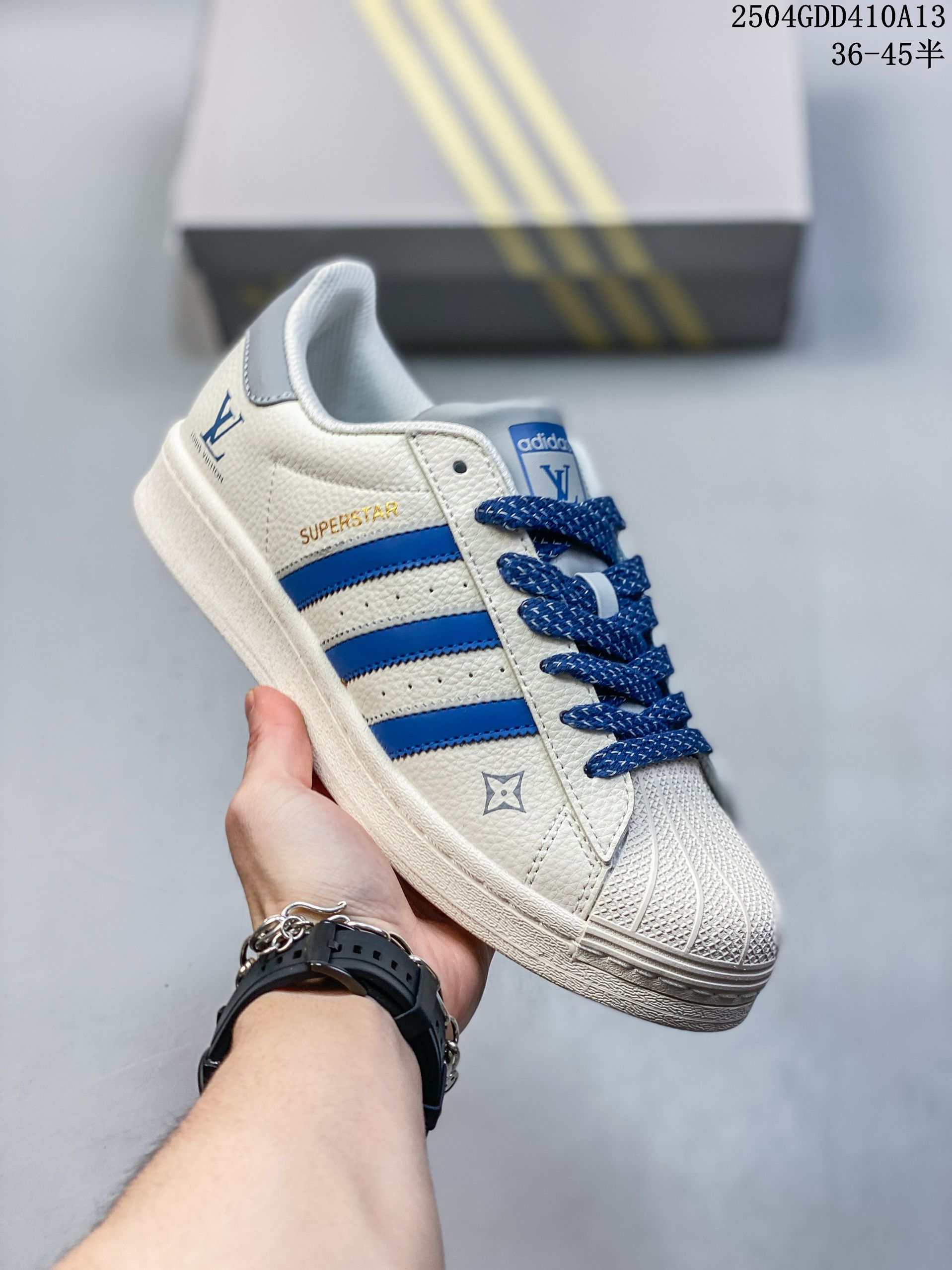 Discount Offer CLOT X AD Originals Superstar "Gold Label" # Shell Head LV Limited Fit For Both Men And Women White Blue Pr...