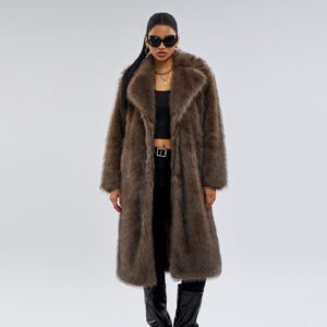 ​​Women's Faux Fox Fur Long Coat – Winter Elegance Jacket With Luxe Collar (Brown, S/M/L/XL/XXL)​​ - Damenbekleidung