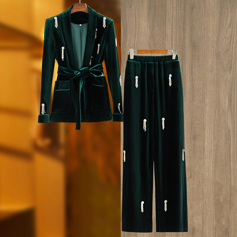 Women's Clothing 2024 high quality velvet beading fashion suit green fruit collar blazer lace up elastic wide leg pants tw...