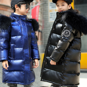 Kid's Clothing New Children's Down Jacket Girls Boys Mid Length Thickened Large Fur Collar Mid Sized Children's Winter Jac...