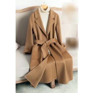 ​​Luxury Double-Faced Wool Coat For Women – High-Waisted Oversized Trench Coat With Belt, Extra-Long Length, Classic Notch...