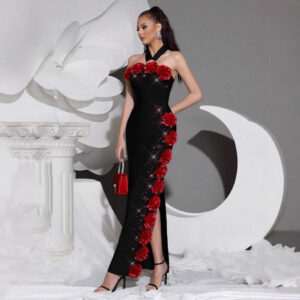 ​​Elegant Off-Shoulder Beaded Floral Bandage Dress For Cocktail Parties & Evening Events – Sexy Bodycon Midi Dress With V-...