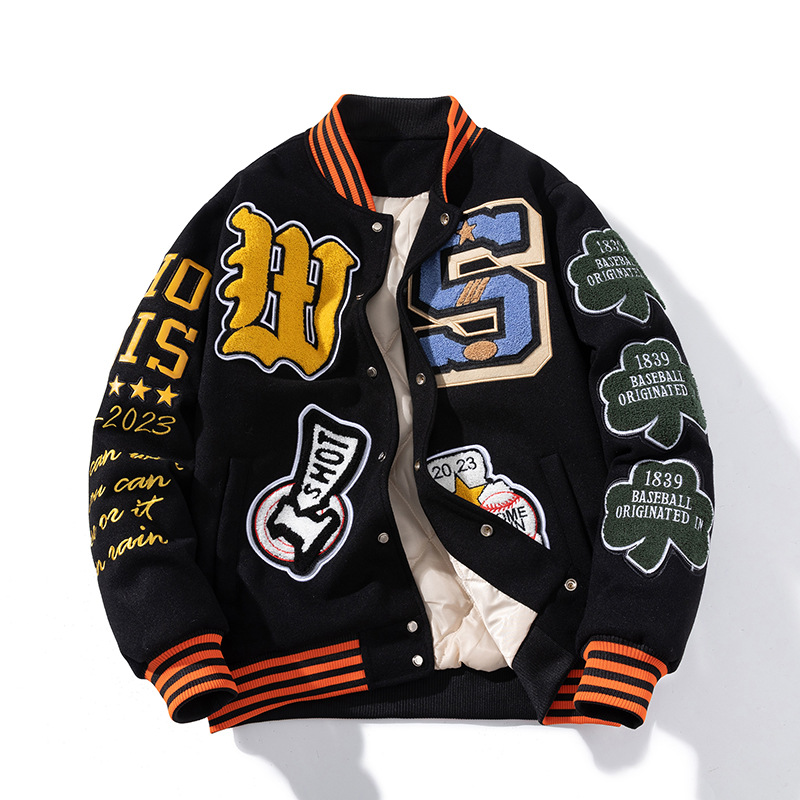 Men's Clothing Street Fashion Brand Towel Velvet Heavy Embroidery Hip Hop Woolen Baseball Jacket Men's Autumn And Winter H...