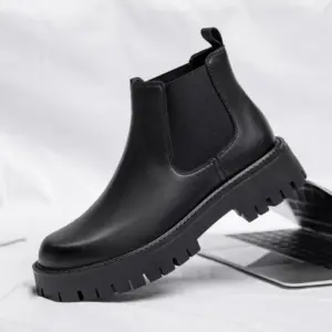 British Style Men Thick Bottom Waterproof Work Shoes Casual Fashion Classic Leather Comfy High Top Round Toe Boots - Ander...