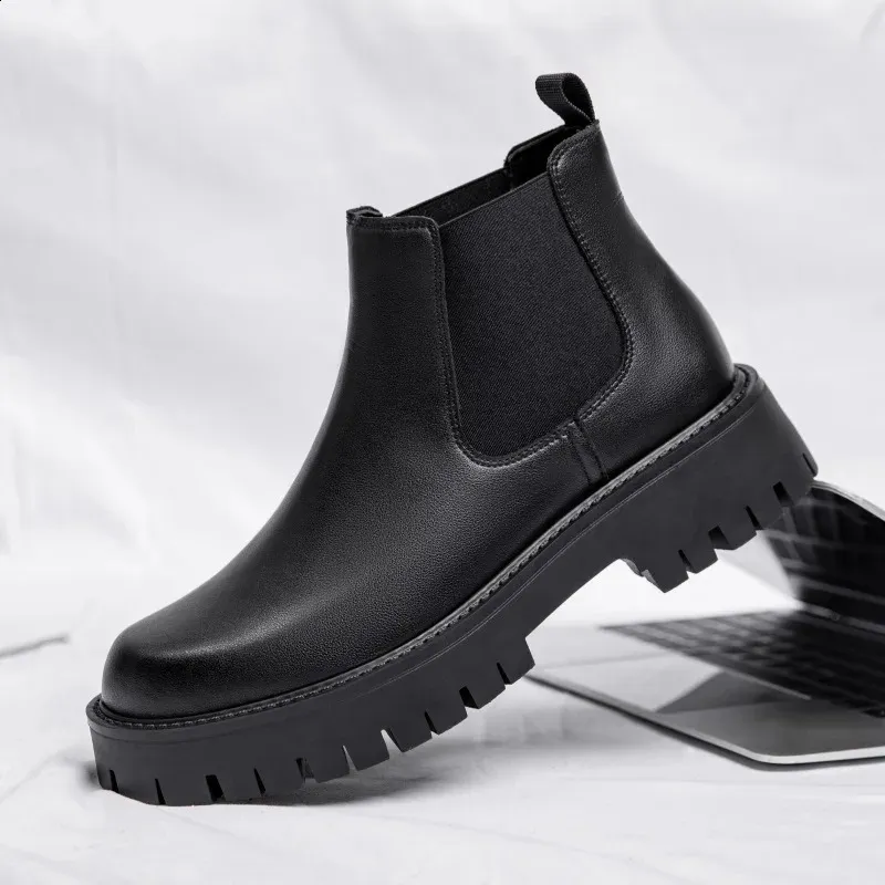 British Style Men Thick Bottom Waterproof Work Shoes Casual Fashion Classic Leather Comfy High Top Round Toe Boots - Ander...