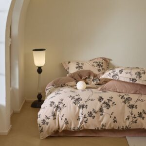 Cotton brushed simple style printed four piece set skin friendly naked sleeping bedding retro pure cotton floral bed sheet...