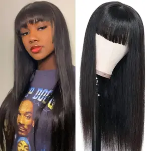 Straight Wig with Bangs Fringe 100% Human Hair Wig for Women Glueless Full Machine Made Brazilian Remy Hair On Sale - Hair...