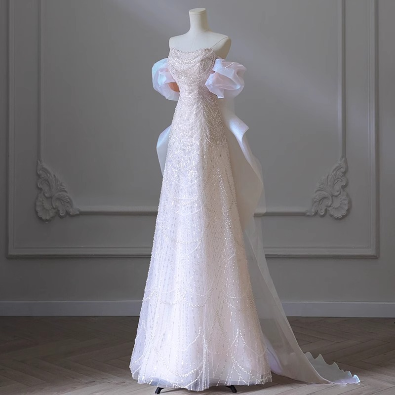 Women's Clothing High End Heavy Duty Light Wedding Dress One Shoulder Bride Temperament Light Luxury Niche Dress Banquet L...