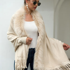Fitshinling Fur Collar Winter Shawls And Wraps Bohemian Fringe Oversized Womens Winter Ponchos And Capes Batwing Sleeve Ca...