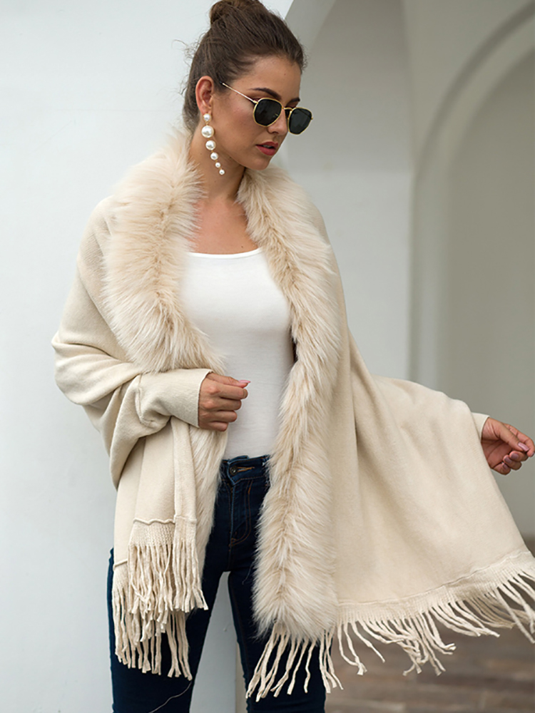 Fitshinling Fur Collar Winter Shawls And Wraps Bohemian Fringe Oversized Womens Winter Ponchos And Capes Batwing Sleeve Ca...
