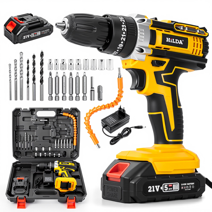 Hilda 21V Cordless Drill Driver With Lithium Battery, 1350 RPM, 25Nm Torque, 6 Variable Models (1/2 Batteries & Accessorie...