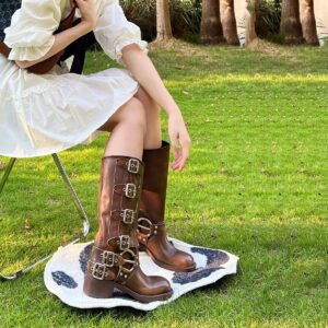 Leather Brown Thick Heeled Western Cowboy With Belt Buckle Not Over The Knee, Long Tube Miu Home Boots, Knight Boots - Schuhe