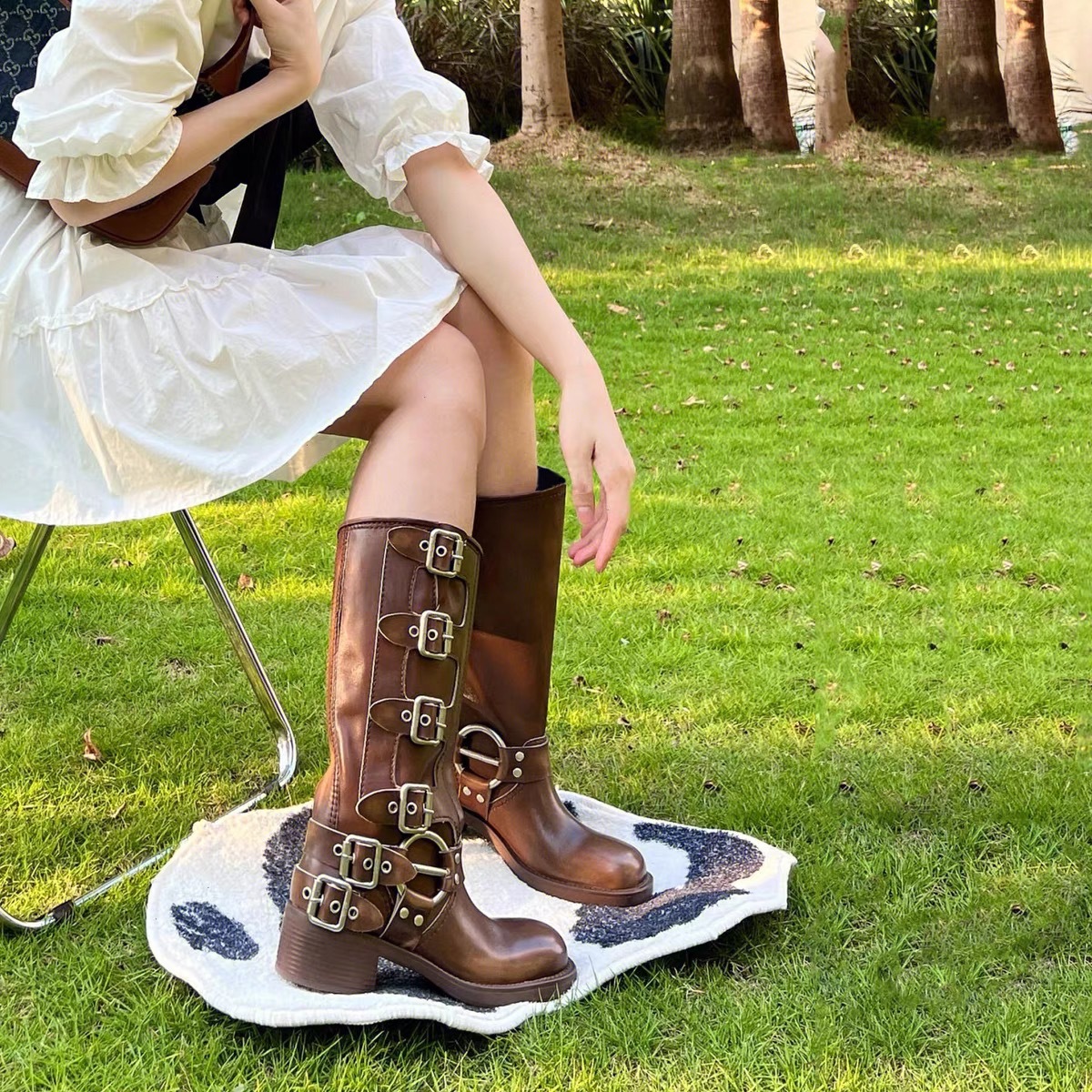 Leather Brown Thick Heeled Western Cowboy With Belt Buckle Not Over The Knee, Long Tube Miu Home Boots, Knight Boots - Schuhe