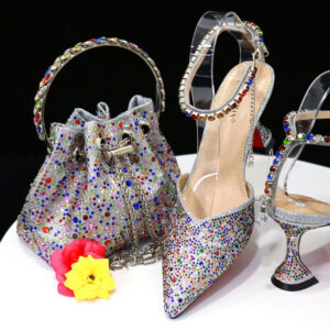Classic Silver Pointed Toe Fashion Shoes For Women Wine Glass Heel Colorful Diamond Bucket Bag Large Size 41 42 43 - Schuhe