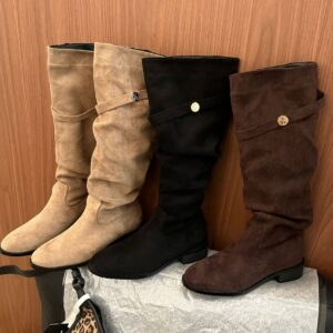 ShoeVault 2024 Chunky Heel Retro Fleece-Lined Coffee Color Riding French Style Slim Bare Autumn Winter Women's Over-the-Kn...