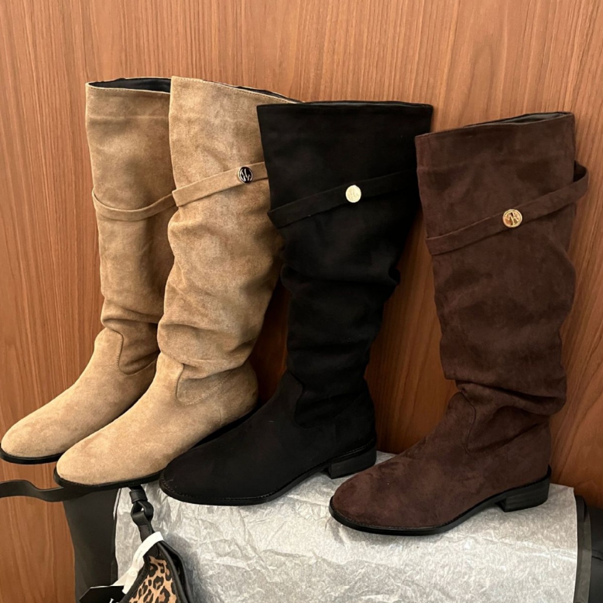 ShoeVault 2024 Chunky Heel Retro Fleece-Lined Coffee Color Riding French Style Slim Bare Autumn Winter Women's Over-the-Kn...