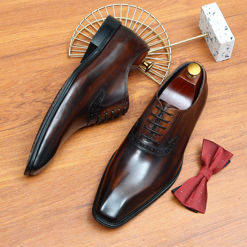 37-46 Handmade Leather Shoes Men's Top Layer Cowhide Business Dress Genuine Leather Brock Carved British Retro Wedding Sui...