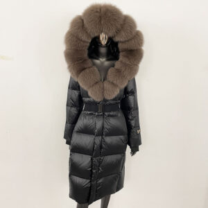 Women's Clothing Fox Fur Collar Long Waist Belt ​Luxury Fox Fur Trim Hooded Long Down Coat With Belt - Elegant & Warm Wint...