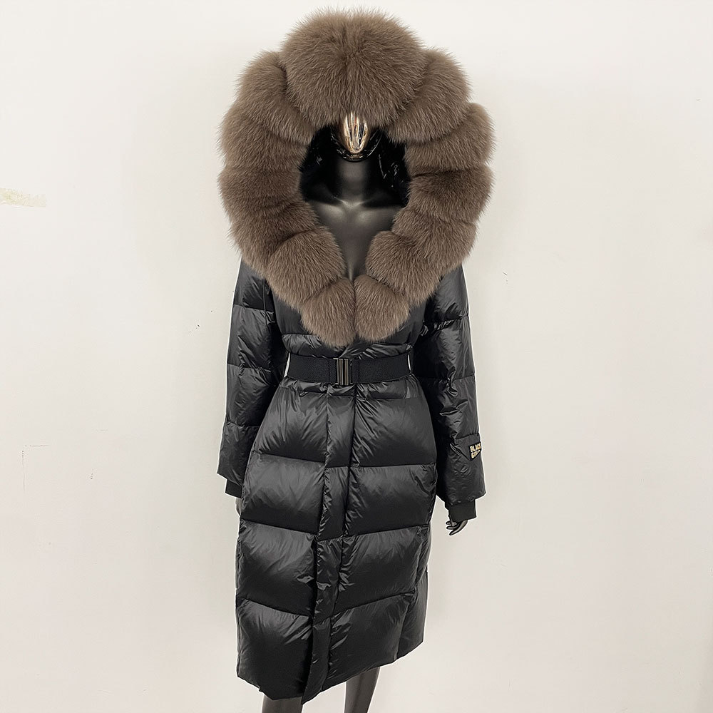 Women's Clothing Fox Fur Collar Long Waist Belt Luxury Fox Fur Trim Hooded Long Down Coat With Belt - Elegant & Warm Wint...