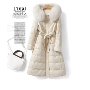 Nordlicht Genuine For Women, Mid-Length, Lace-Up, Hooded, Fox Fur Collar, Sheepskin, Haining White Duck Down Coat, Women's...