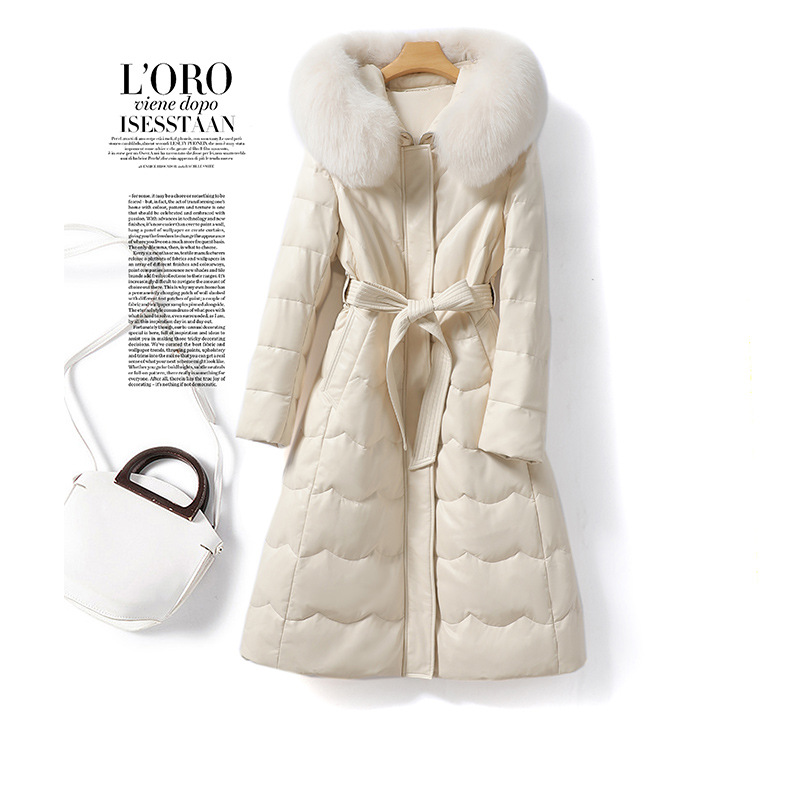 Nordlicht Genuine For Women, Mid-Length, Lace-Up, Hooded, Fox Fur Collar, Sheepskin, Haining White Duck Down Coat, Women's...