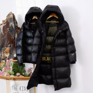 Women's Clothing New High End Black And Gold Goose Down Jacket Long Over Knee Thickened Hooded Couple Jacket Off Season Wi...