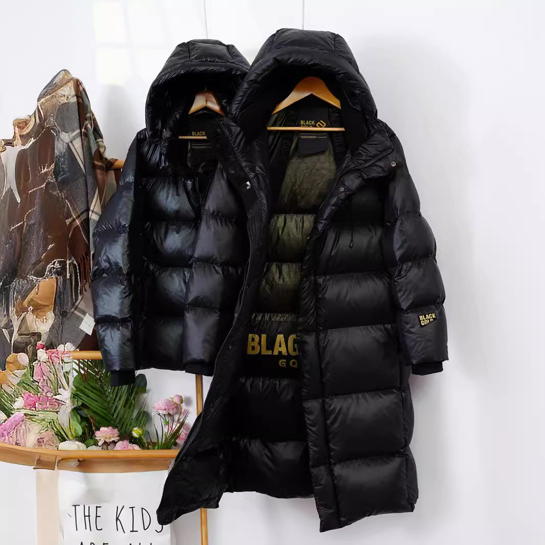 Women's Clothing New High End Black And Gold Goose Down Jacket Long Over Knee Thickened Hooded Couple Jacket Off Season Wi...