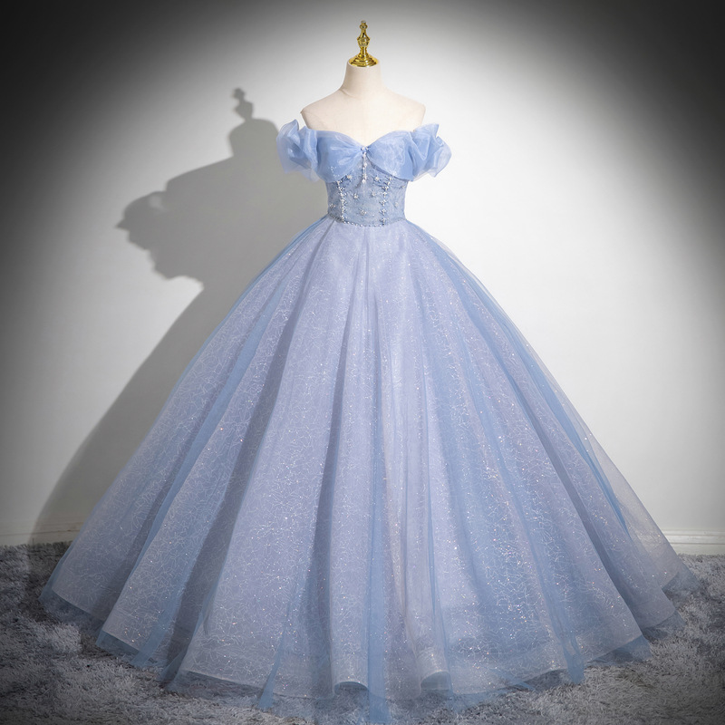 Women's Clothing One Shoulder Light Blue Vocal Art Exam Performance Dress Solo Puffy Skirt Princess Coming Of Age Ceremony...
