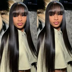 Brazilian Bone Straight Long 100% Human Hair Wigs With Bangs Natural Black Fringe Wig For Women - Haircare Products