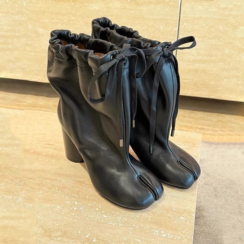Cowhide Version~ Autumn And Winter New Wide Tube Lace-up Split-toed Pig's Women's Genuine Leather Korean Version Versatile...