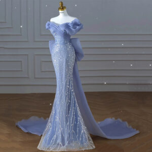 2024 New Smog Blue Host Heavy Industry Beaded Mermaid Dress Toast Dress Annual Meeting Shoulder Show Dress - Damenbekleidung