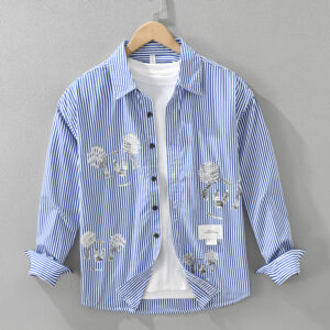 7266 Japanese Printed Striped Long-sleeved Shirt Men's Fashion Casual Versatile Literary Loose Top One Piece Hair - Herren...