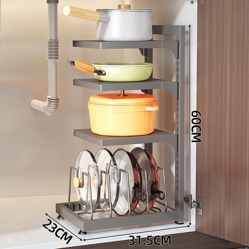 Under sink pot storage rack cabinet countertop layered preparation pot cover rack adjustable home multi layer kitchen pot ...