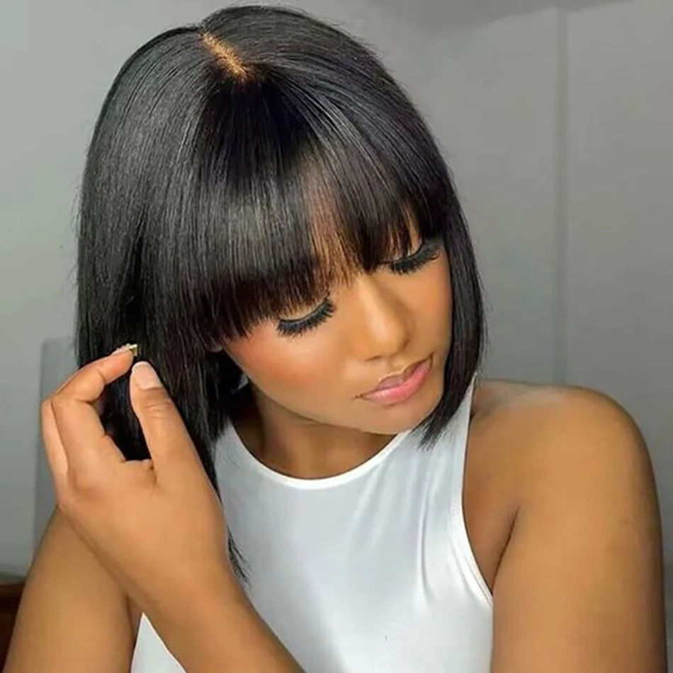 Short Bob Wigs With Bangs Straight Bob Wig With Bangs Glueless Human Hair Wigs 100% Ready to Go Straight Hair Bob Wigs Bra...