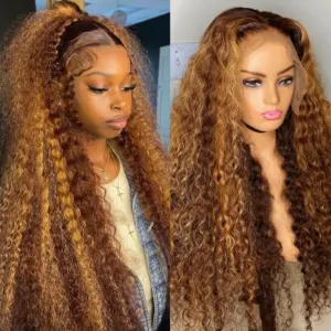 16-36 Inch Highlight Ombre HD Lace Frontal Wig Curly Human Hair Wigs 4/27 Colored Deep Wave Closure Wig - Haircare Products