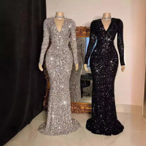Women's Clothing Evening Dress 2024 New Sequined V Neck Long Sleeves Host Performance Banquet High End Sexy Tail Tight - D...