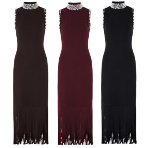 Elegant Pearl-Embellished High-Neck Sleeveless Knit Dress With Waist Accent & Fringe Detail​ Versatile Styling​​ - Damenbe...