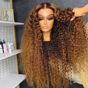 13x6 HD Lace Frontal Wig Highlight Human Hair Wigs Curly Ombre Colored Honey Blonde Water Wave - Haircare Products