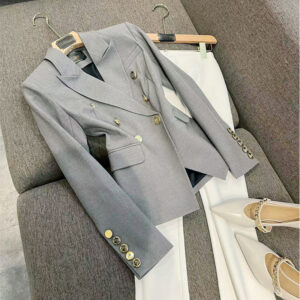 Women's Clothing Ready made gray good aura! Double breasted metal buckle slim fit commuter long sleeve blazer - Damenbekle...