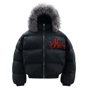 Gothic Letter Bestickte Pelzkragen Kapuzenjacke aus Baumwolle Herren Trendy Winter Verdickter Hut Abnehmbarer Stehkragenma...