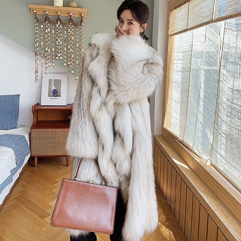 Women's Clothing Winter Luxury Faux Raccoon Fur Coat – Long Plush Jacket With Detachable Collar (S-XXL, White Jacquard) ...